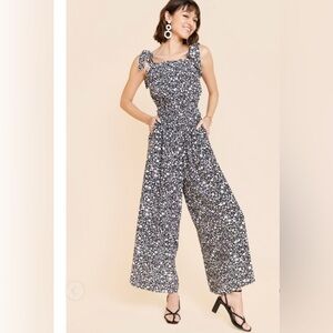 Blue Rain Floral Black and White Shoulder tie Jumpsuit wide led size medium